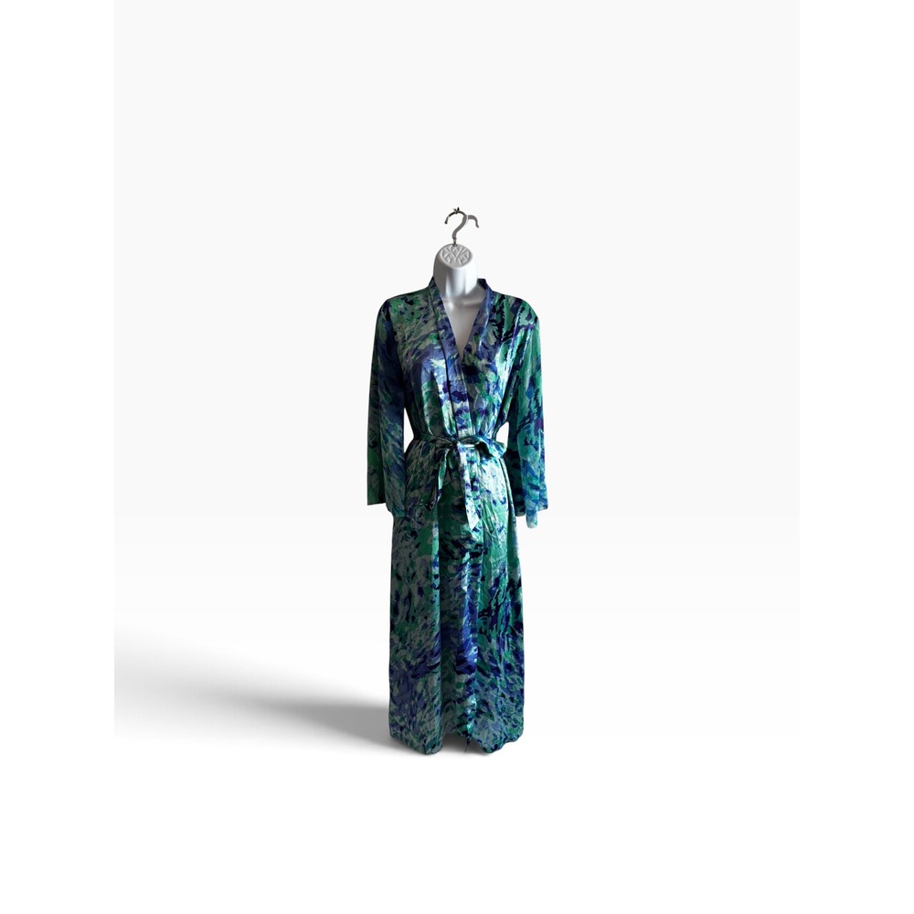 Vintage Y2K Oscar de la Renta Robe XS Blue Green Abstract Watercolor Satin Wrap
